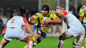 Clermont's Fritz Lee crashes into the Biarritz line in their Top 14 clash at Stade Marcel Michelin