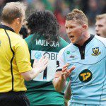 One on one. Rugby referee Wayne Barnes calmly discusses a decision with Dylan Hartley