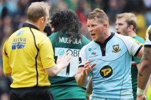 One on one. Rugby referee Wayne Barnes calmly discusses a decision with Dylan Hartley