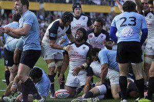 USA Celebrate Andrew Suniula's try. Courtesy USA Rugby