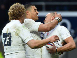 Jonathan Joseph is congratulated after scoring one of two tries in England's 47-17 Six Nations win over Italy