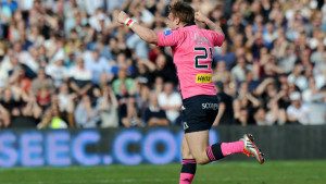 Jules Plisson celebrates after landing the winning drop goal as Stade Francais beat Bordeaux in the Top 14