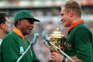 SA President Nelson Mandela and Francois Pienaar, captain of SA Springboks