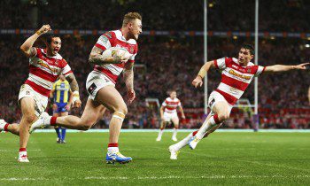 Wigan Warriors' Josh Charnley scores the third try in their Grand Final win against Warrington