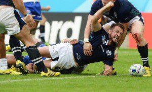 Greig Laidlaw celebrates a crucial Rugby World Cup try against Samoa