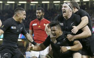Julian Savea celebrates a try in New Zealand's rout of France