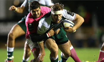 Leicester's Brendon O'Connor is pulled down by Stade Francais' Morne Steyn