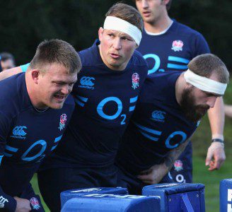 England's new front row scrummages during training
