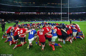 England and Samoa gathered together after the match in a show of solidarity. 
