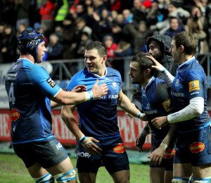 Thomas Combezou is congratulated by his Castres' teammates after scoring his first try in the Top 14 clash with Montpellier