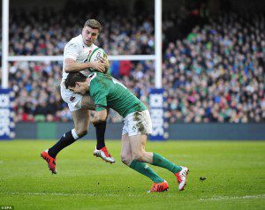 Jonny Sexton tackles opposite number George Ford in the Six Nations match between Ireland and England in Dublin